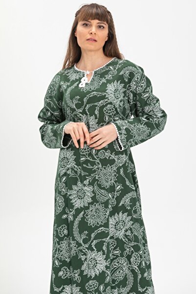 Eliş Şile Bezi Long Sleeve Sile Cloth Printed Long Summer Dress Sycamore Pattern Green Ysl