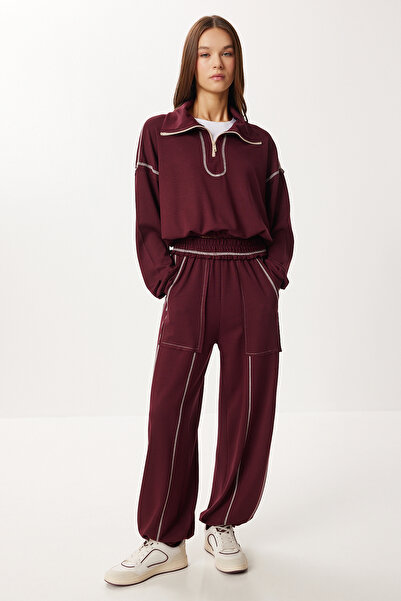 Lovelyİstanbul Kontrast Şeritli Örme Alt-Üst Takım LDM0008 BORDO