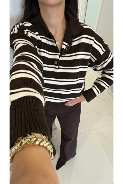 BİRCANÇİL Tricotaj cu guler polo cu dungi crem maro închis Juss