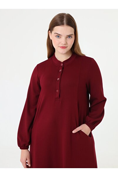 ALİA Soft Button Detail Plus Size Dress - Burgundy -