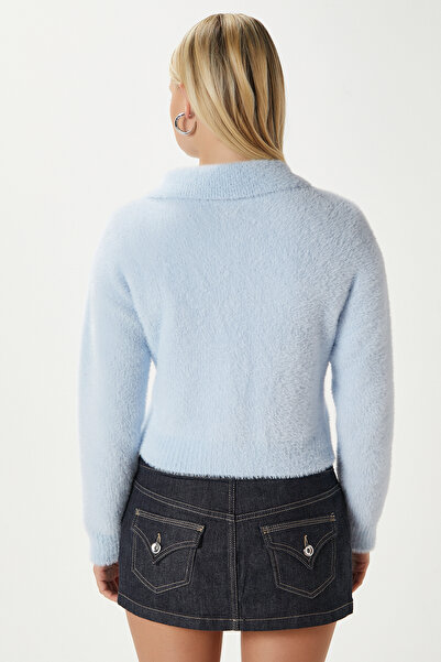 Ritnice Kadın Date Yumuşak Sakallı Kalp Düğmeli Polo Yaka Bebe Mavi Triko Hırka