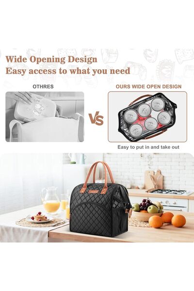 LoKass Insulated Lunch Bag Wide-Open Tote, Nylon Thermal Organizer, Black (Square)