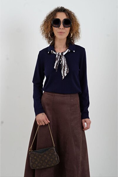 Zelish My Sister Pulover cu mânecă lungă, cu guler polo, albastru bleumarin