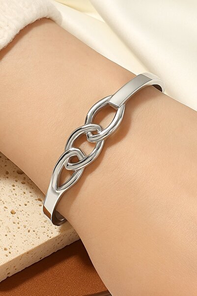TAKIŞTIR Silver Color Knot Figured Steel Handcuff Bracelet