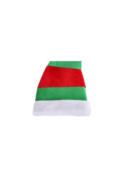 Aca Thick Elf Hat with Pompom, Red and Green, White Fur Trim