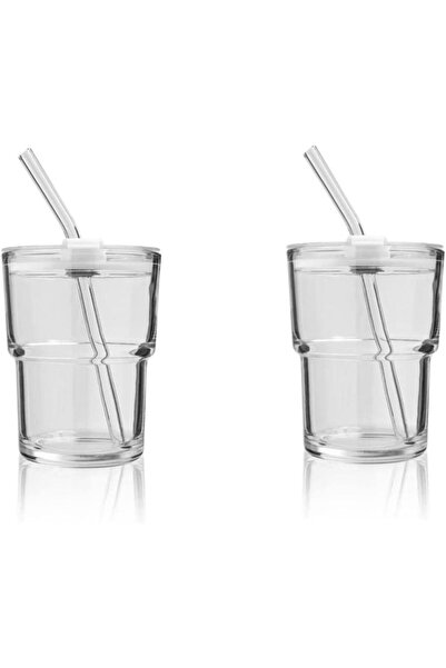007 Kozno 13oz/400ml Glass Tumbler with Straw and Leak-Proof Lid, Thick, Transparent - 2 Pack
