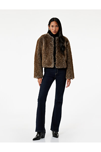 Koton Suni Faux Fur Coat Crop Long Sleeve Crew Neck