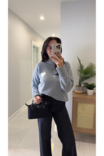 BİRCANÇİL Dlvin Osi Dark Gray Melange Heart Knitwear