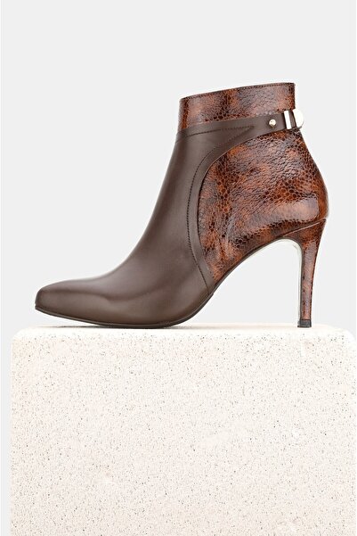 TUNAELLİ Women's Brown Genuine Natural Leather Size 35-40 Thin Heel Pointed Toe Boots & Booties
