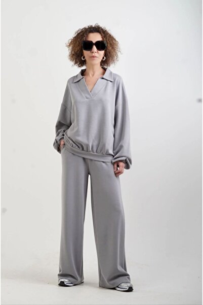 Zelish My Sister Gri Modal Polo Yaka Sweat Geniş Paça Pant Eşofman Takım
