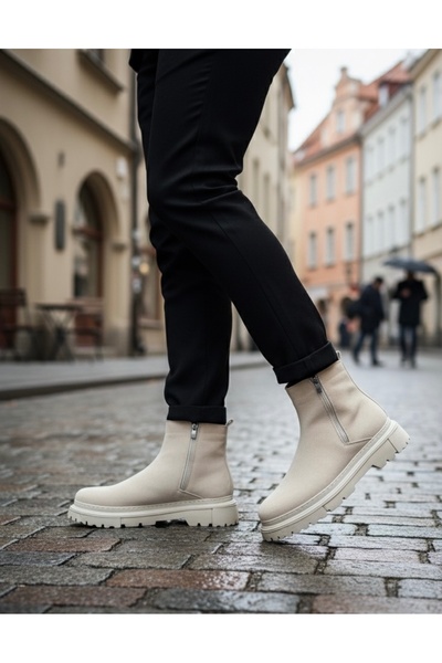 pabucmarketi Zippered Men's Classic Boots Beige Suede (Cream Sole)