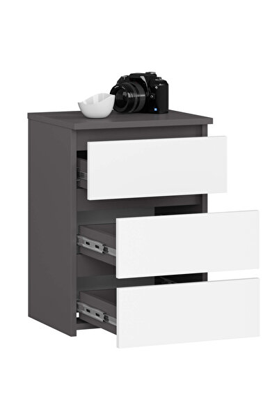 SERSIMO Bedside table with 3 drawers, laminated chipboard, 40x35x57 cm, graphite gray and white