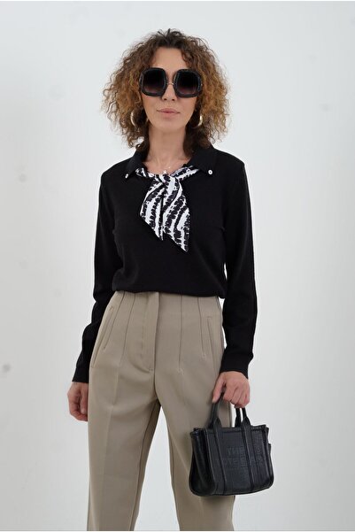 Zelish My Sister Pulover negru cu mâneci lungi și guler polo cu eșarfă