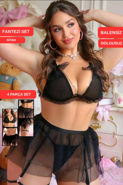 Miss Liska Fancy 4-Piece Stretchy Garter Set with Black Tulle Skirt