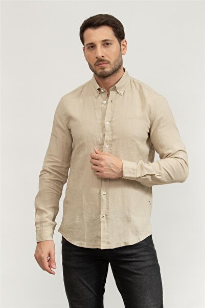 BOSS Erkek Marka Logolu Düğmeli Gömlek Yaka Uzun Kollu Krem Gömlek 50520283-275