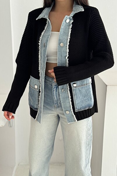 FEMELLE Black Denim Detailed Buttoned Knitted Sweater Cardigan