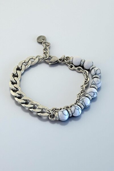 TAKIŞTIR Mixed Color Chain and Bead Detailed Steel Men's Bracelet
