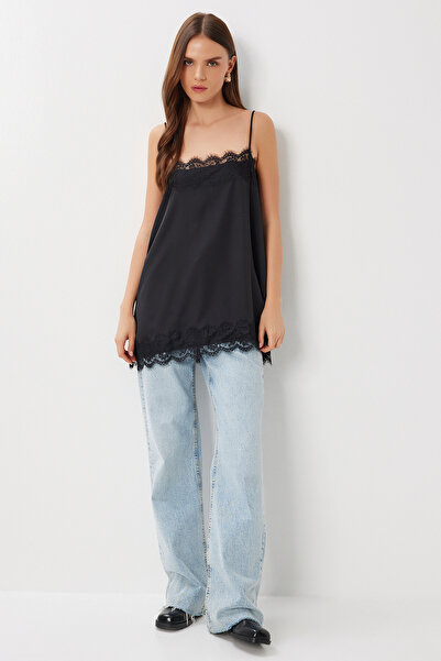 Lovelyİstanbul Dantelli Saten Yüzeyli Kamisol Bluz LRX0016 SİYAH