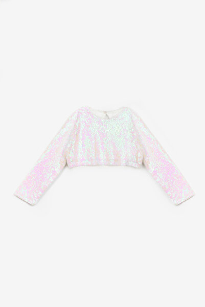 Le Mabelle Bluză crop pentru fetiță, albă, cu mâneci lungi, cu paiete