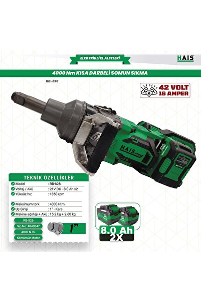 Hais HaisPro Profesyonel Darbeli Somun Sıkma 4000 Nm 21 V RB-828 Kısa Namlu