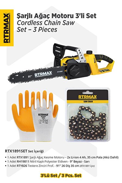 Rtrmax RTX1891SET Şarjlı Ağaç Kesme Motoru 3'li Set -Testere Zinciri-Eldiven