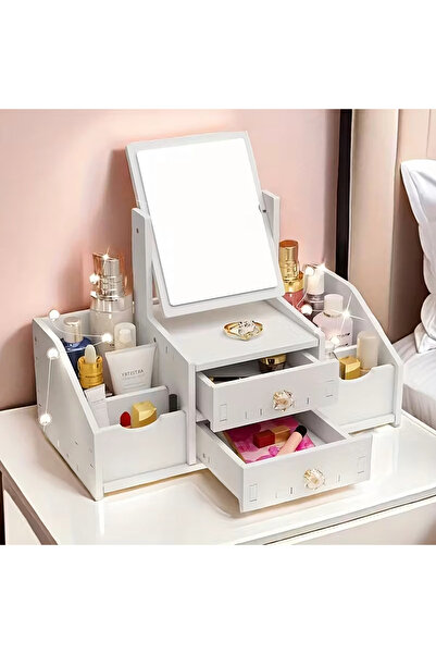 zola Οργανωτής καλλυντικών, καθρέφτης, 4 χώροι αποθήκευσης, 2 συρτάρια, διογκωμένο PVC, 40×20×33 cm