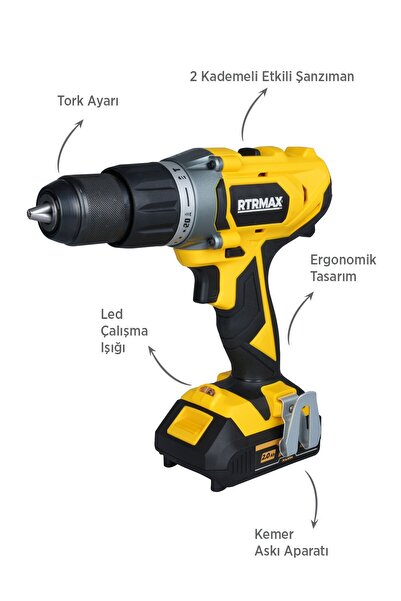 Rtrmax RTX1820SET Şarjlı Darbeli Matkap 4'lü Set -Bits Uç + Kemer Klipsli Adaptör Seti-Uç Tutucu-Eldiven