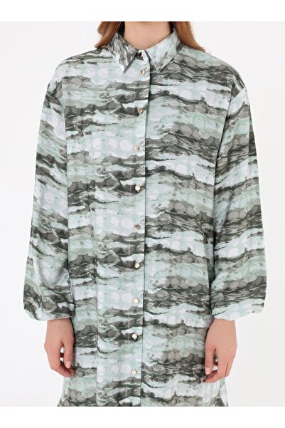 Refka Abstract Patterned Balloon Sleeve Long Tunic - Green -