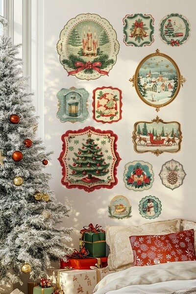 MSticker Vintage Noel Temalı Duvar Sticker Seti | 11 Parça Retro Christmas Dekor Seti | Dekoratif Sticker