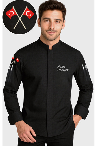 Üniformanya İsim ve Koluna Türk Bayrağı Nakışı Hediyeli Aşçı Ceketi Şef Ceketi Aşçı Forması Aşçı Gömleği