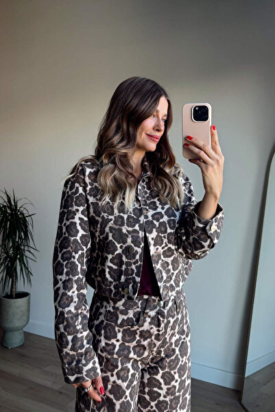 Sue Store Brown Leopard Print Jacket Jean Set