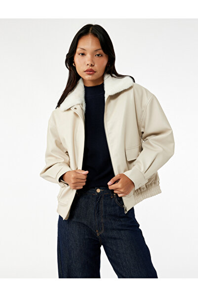 Koton Faux Fur Collar Comfortable Fit Zipper Pocket Detailed Bomber Jacket