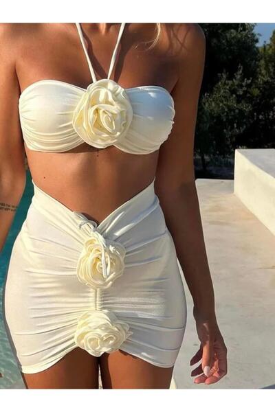 theanemos Üç Parça Gül Detaylı Beyaz Bikini Takımı