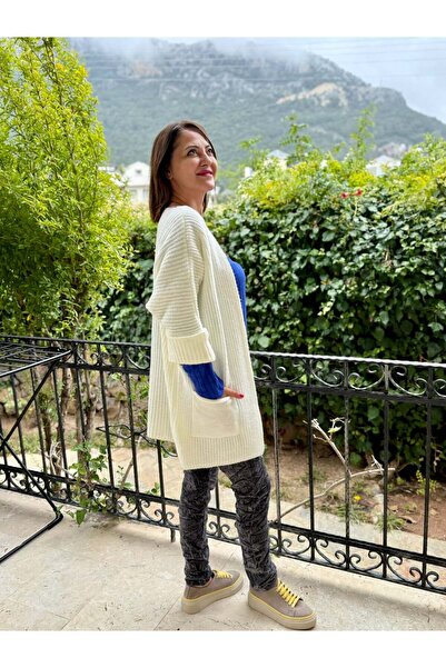 Punta Otantik Mt5740 Pocketed Unlined Knitted Cardigan Ecru