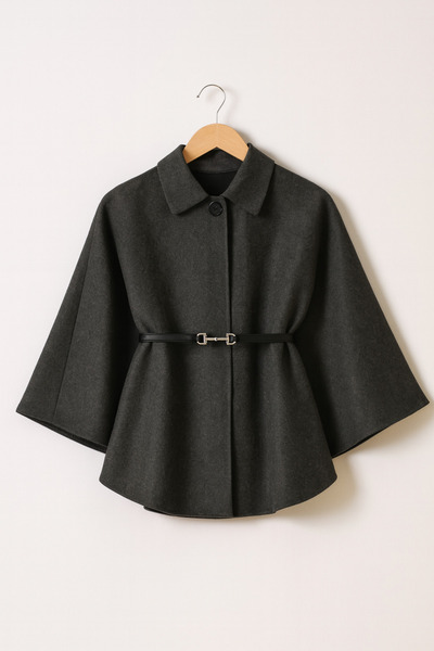 vieso Kadın Kemerli Kaşe Panço