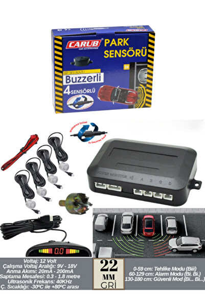KAPOTO 22mm Ekranlı Sesli Park Sensörü 4 Lü Gri Geri Vites Park Destek Sistemi Araç Park Sensörü Seti