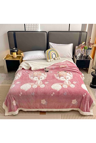 JOJO HOME Cocolino blanket with Printed fur, 200x230cm, Foxy, Pink