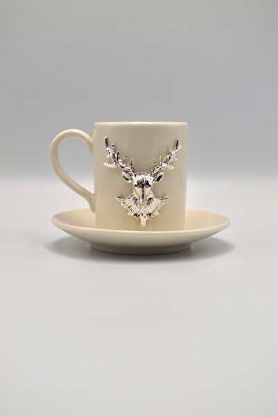 iQey Home New Year's Silver Deer Detailed New Year Porcelain Cup Set - for 2 People