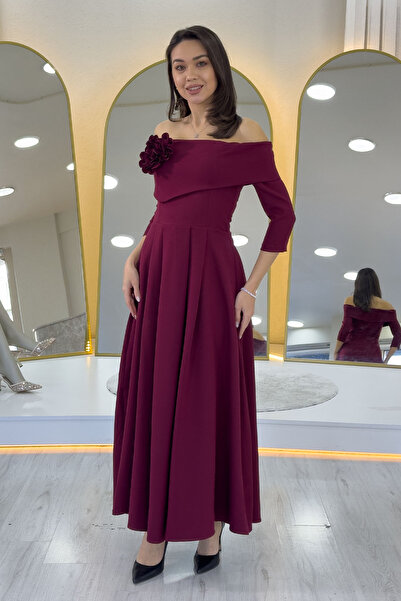 zks grup tekstil Women's Detachable Floral Detail Madonna Collar Midi Length Dress Beige, Burgundy, Black, Red, White