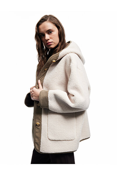 Koton Long Sleeve Hooded Suede Lined Buttoned Plush Coat with Pockets