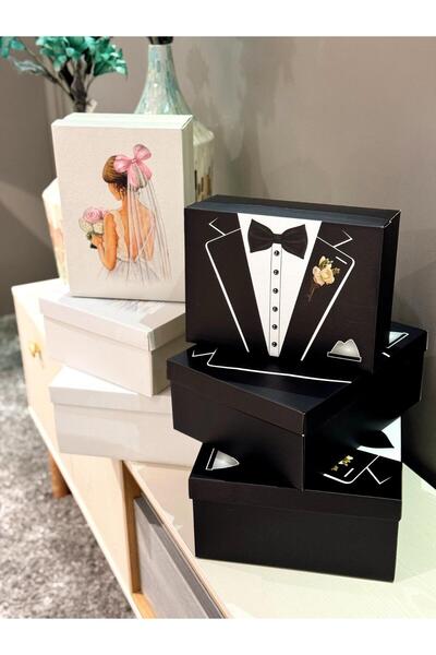 KOLİX 2-Piece Tuxedo Patterned Groom and Pink Bow Bridal Dowry Box Groom's Bundle and Bride's Box Set of 2