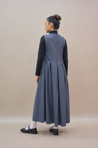 KÜÇÜĞÜM BUTİK Μπλε μικρό καρό φόρεμα με πλισέ