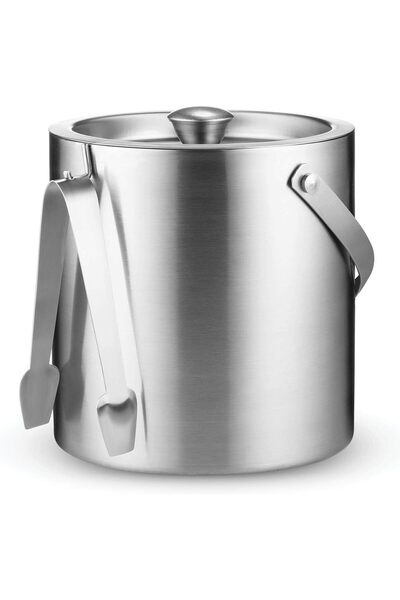 007 Premium Stainless Steel Ice Bucket with Lid & Tongs, 2.8L Double-Wall, Strainer & Carry Handle