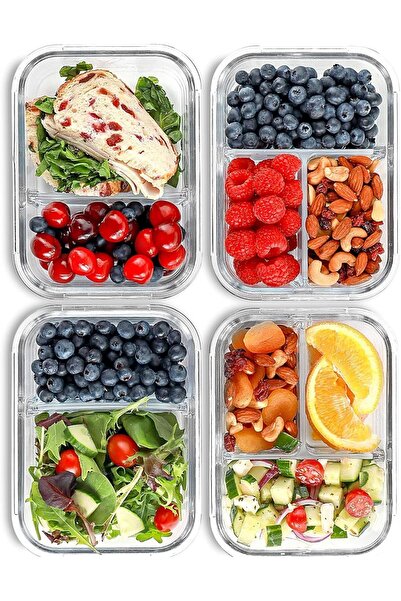 FIT STRONG & HEALTHY حاويات تحضير الوجبات - علب بينتو زجاجية بثلاثة أقسام (عب...