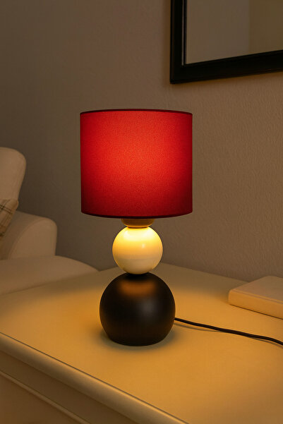 Natiorj Bordo Silindir Şapka Model Siyah Beyaz Top Detaylı Abajur Lüks Masa L...