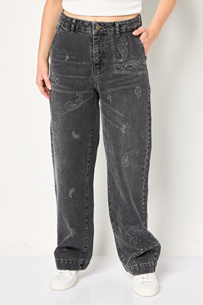 PROMOD Women Wide Leg Paisley Pattern Non-Stretchable Jeans, Dark Grey