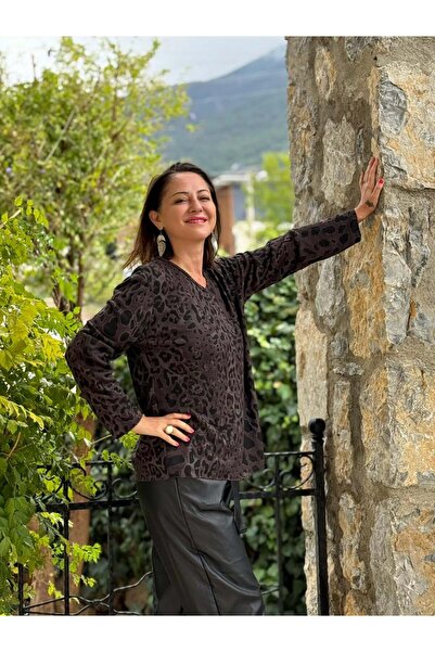 Punta Otantik Yg5710 Leopard Print V-Neck Long Sleeve Italian Knitwear Blouse Brown