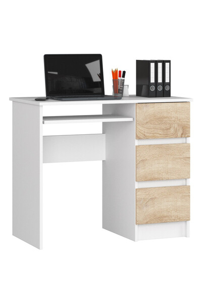 SERSIMO Birou de calculator cu 3 sertare și raft pentru tastatură, dreapta, 90x50x77 cm, alb și stejar Sonoma