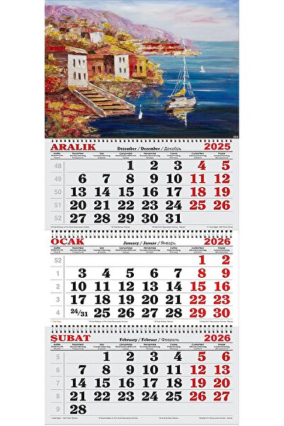 GENC DIJITAL BASKI 2026 Yılı Gemici Takvimi- Sahilde Evler ve Tekne Yağlı Boya