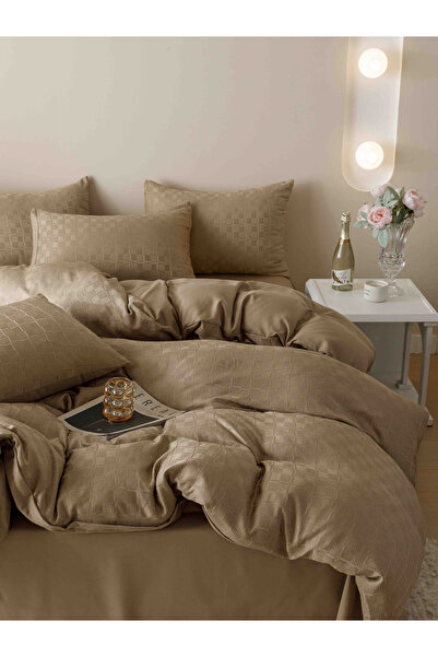 JOJO HOME Bed linen set, fine jacquard, 6 pieces, 230x250cm, Brown